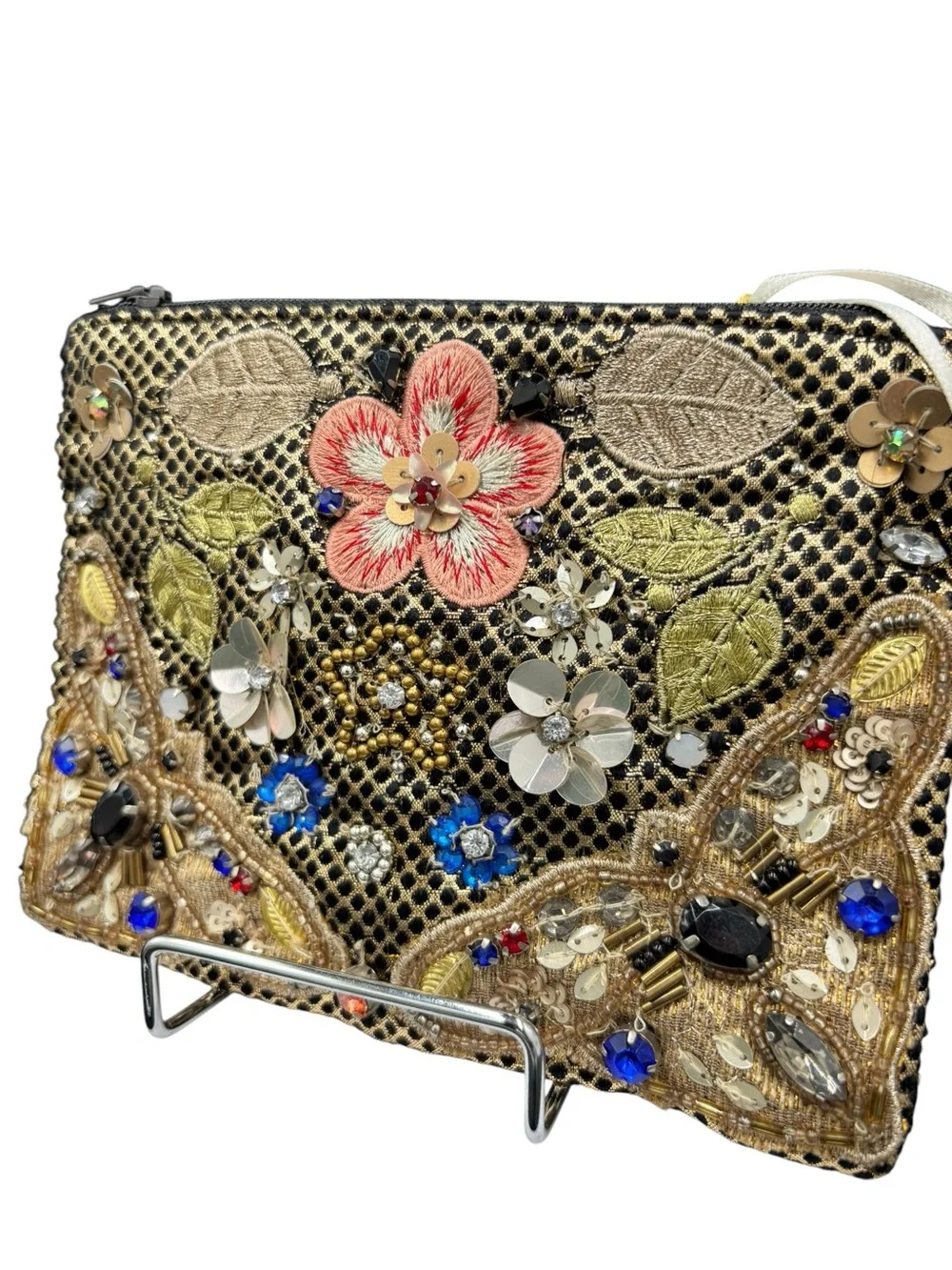 2 Chic NWT Embellished Floral Beaded Sequin Clutch Pouch Black Gold